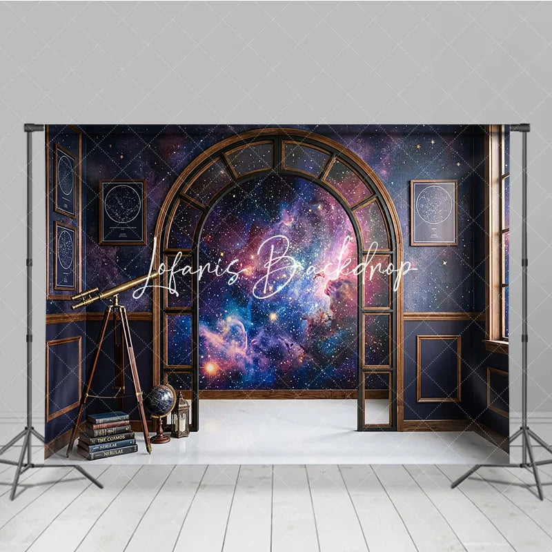 Lofaris Dark Blue Cosmic Galaxy Photography Backdrop Elegant Arched Window with Vintage Telescope and Books