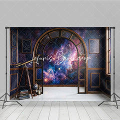 Lofaris Dark Blue Cosmic Galaxy Photography Backdrop Elegant Arched Window with Vintage Telescope and Books