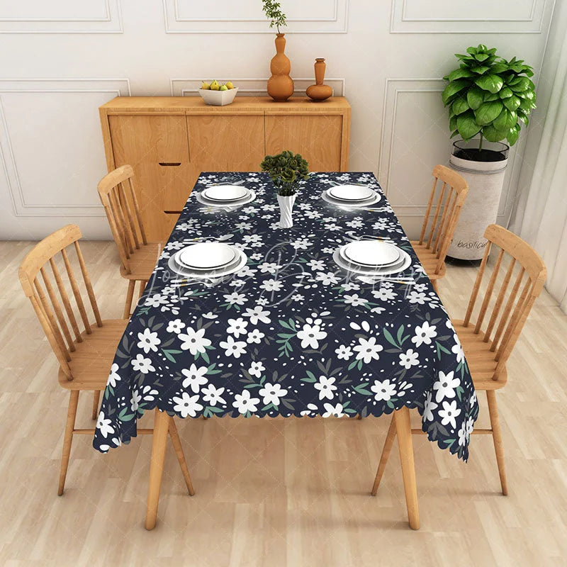 Lofaris Dark Blue Daisy Floral Rectangle Tablecloth White Flower Botanical Dining Table Cover for Kitchen