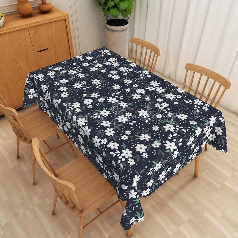 Lofaris Dark Blue Daisy Floral Rectangle Tablecloth White Flower Botanical Dining Table Cover for Kitchen