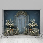 Lofaris Dark Blue Floral Wooden Window Photography Backdrop