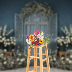 Lofaris Dark Blue Floral Wooden Window Photography Backdrop