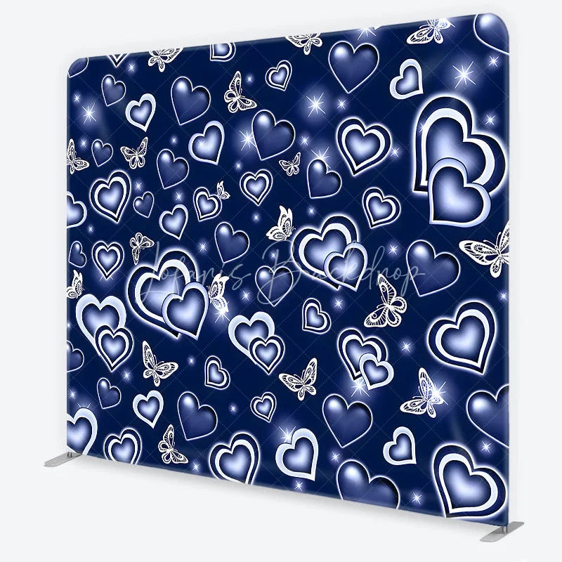 Lofaris Dark Blue Glowing Hearts and White Butterflies Square Double-Sided Backdrop Romantic Dreamy Decor