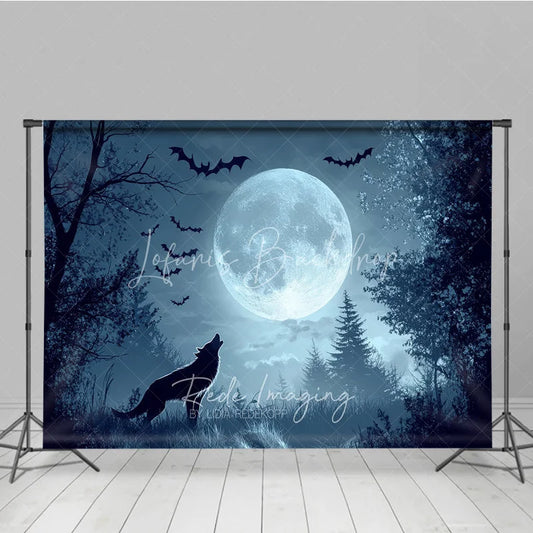 Lofaris Dark Blue Misty Forest Holiday Backdrop with Full Moon Howling Wolf and Flying Bats for Spooky Night Party