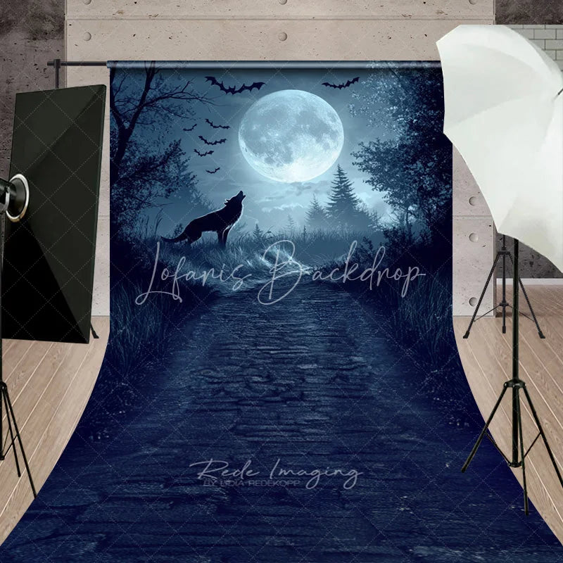 Lofaris Dark Blue Mysterious Wolf Howling Full Moon Forest Path Sweep Backdrop Eerie Gothic Halloween Fantasy Decor