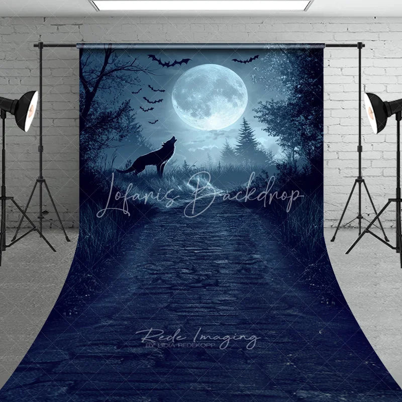 Lofaris Dark Blue Mysterious Wolf Howling Full Moon Forest Path Sweep Backdrop Eerie Gothic Halloween Fantasy Decor