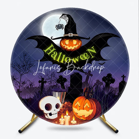 Lofaris Dark Blue Purple Halloween Night Round Backdrop featuring Jack-o-Lantern Witch Hat and Graveyard Scene