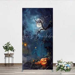Lofaris Dark Blue Spooky Halloween Night Rectangle Arch Backdrop Featuring Jack-o’-lanterns Bats and a Full Moon