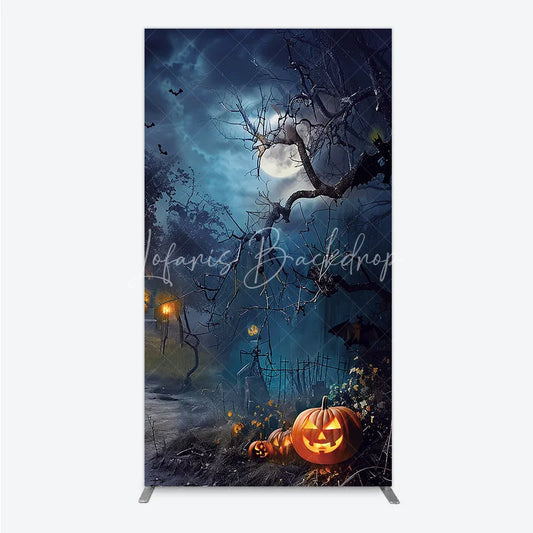 Lofaris Dark Blue Spooky Halloween Night Rectangle Arch Backdrop Featuring Jack-o’-lanterns Bats and a Full Moon
