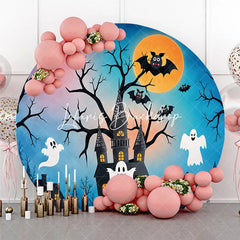 Lofaris Dark Blue Spooky Haunted Castle Full Moon Round Backdrop Flying Bats and Ghosts Halloween Night Party Decoration