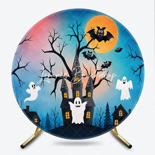 Lofaris Dark Blue Spooky Haunted Castle Full Moon Round Backdrop Flying Bats and Ghosts Halloween Night Party Decoration