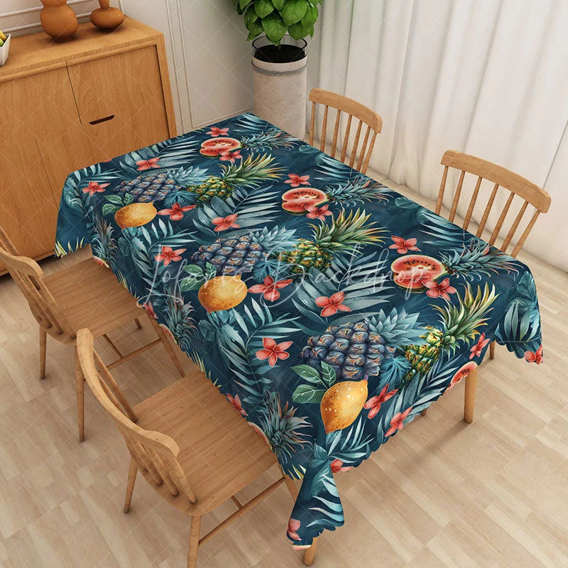 Lofaris Dark Blue Tropical Pineapple Watermelon Pattern Rectangle Tablecloth Summer Decor Washable Kitchen Table Cover
