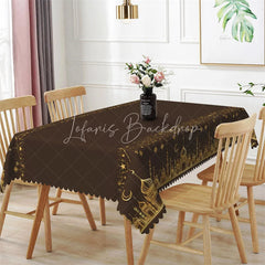 Lofaris Dark Brown and Gold Ramadan Rectangle Tablecloth Glitter Mosque Silhouette Islamic Table Cover