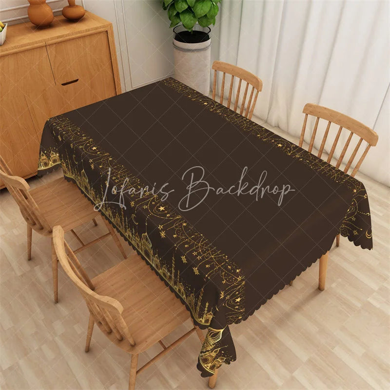 Lofaris Dark Brown and Gold Ramadan Rectangle Tablecloth Glitter Mosque Silhouette Islamic Table Cover