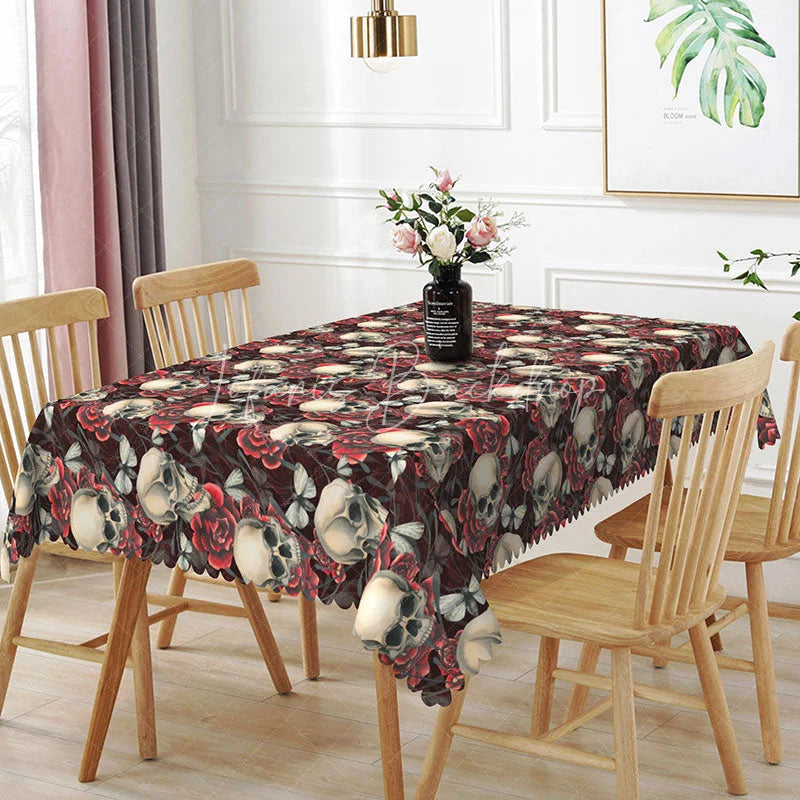 Lofaris Dark Floral Skull Rectangle Tablecloth Dense Skeleton and Rose Pattern Gothic Halloween Dining Decor