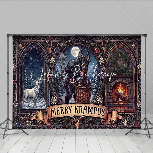 Lofaris Dark Folklore Krampus and Stag with Fireplace Gothic Stained Glass Holiday Backdrop Merry Winter Celebration