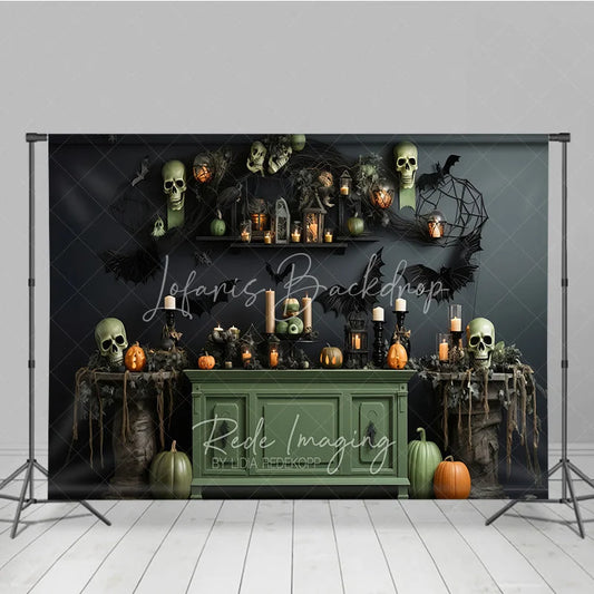 Lofaris Dark Gothic Halloween Backdrop with Skulls Pumpkins and Bats Spooky Candlelit Lanterns Spiderwebs Decor