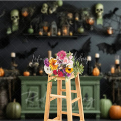 Lofaris Dark Gothic Halloween Backdrop with Skulls Pumpkins and Bats Spooky Candlelit Lanterns Spiderwebs Decor
