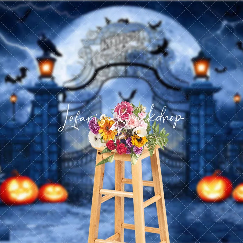 Lofaris Dark Gothic Halloween Holiday Backdrop Spooky Gate with Full Moon Lightning Bats and Jack-o’-Lanterns