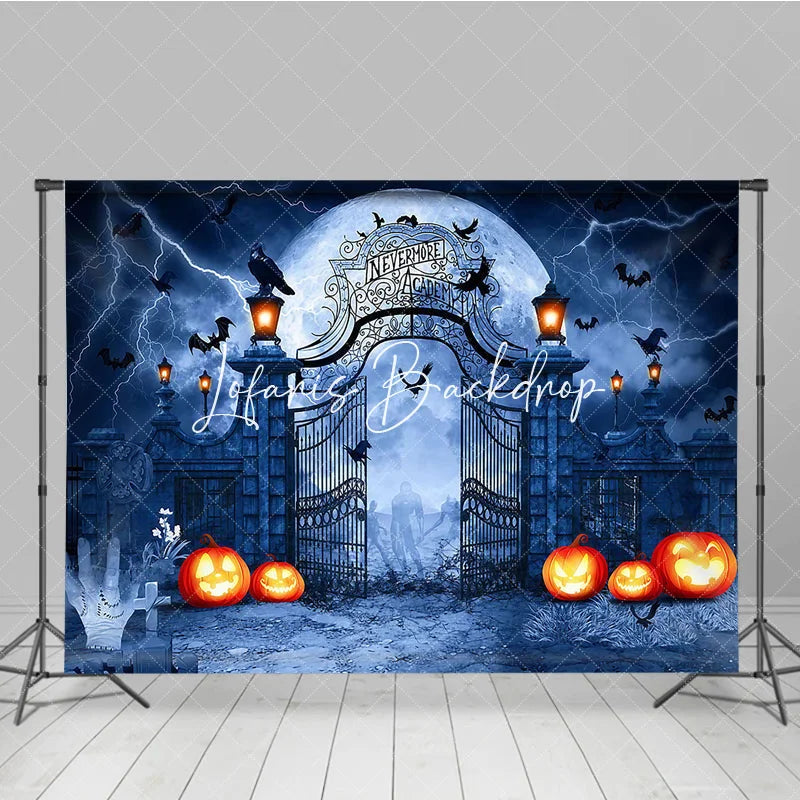 Lofaris Dark Gothic Halloween Holiday Backdrop Spooky Gate with Full Moon Lightning Bats and Jack-o’-Lanterns