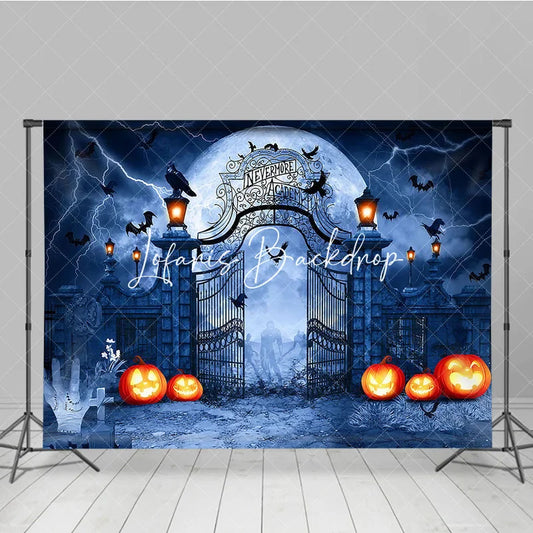 Lofaris Dark Gothic Halloween Holiday Backdrop Spooky Gate with Full Moon Lightning Bats and Jack-o’-Lanterns