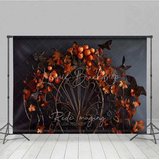 Lofaris Dark Gothic Ornate Metalwork Photography Backdrop with Autumn Leaves Pumpkins and Moths for Fall Halloween