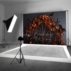 Lofaris Dark Gothic Ornate Metalwork Photography Backdrop with Autumn Leaves Pumpkins and Moths for Fall Halloween