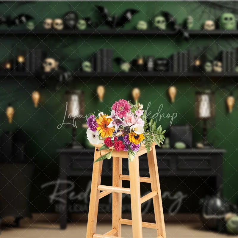 Lofaris Dark Green and Black Spooky Halloween Holiday Backdrop with Skulls Bats Spiderwebs Pumpkins Decor