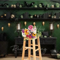 Lofaris Dark Green and Black Spooky Halloween Holiday Backdrop with Skulls Bats Spiderwebs Pumpkins Decor