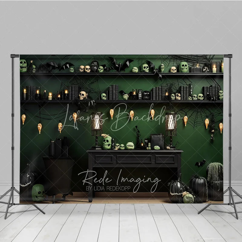 Lofaris Dark Green and Black Spooky Halloween Holiday Backdrop with Skulls Bats Spiderwebs Pumpkins Decor