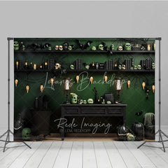 Lofaris Dark Green and Black Spooky Halloween Holiday Backdrop with Skulls Bats Spiderwebs Pumpkins Decor