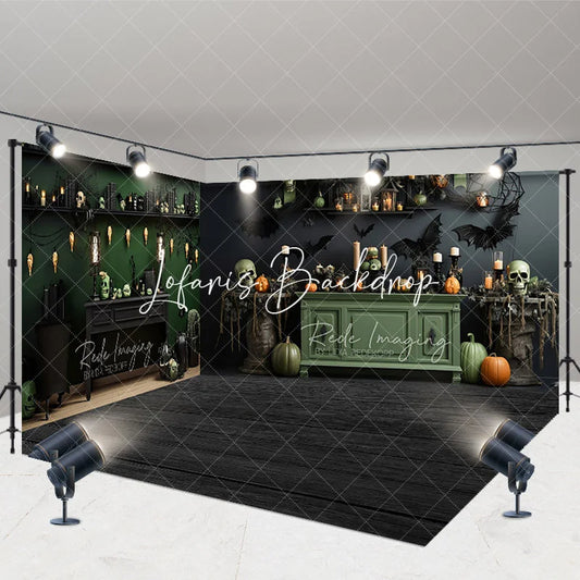 Lofaris Dark Green Halloween Room Set Backdrop with Spooky Skulls Pumpkins and Bats Gothic Party Decor