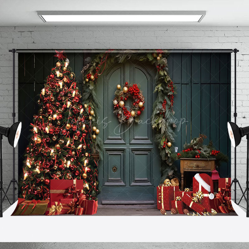 Lofaris Dark Green Retro Door Festive Christmas Backdrop