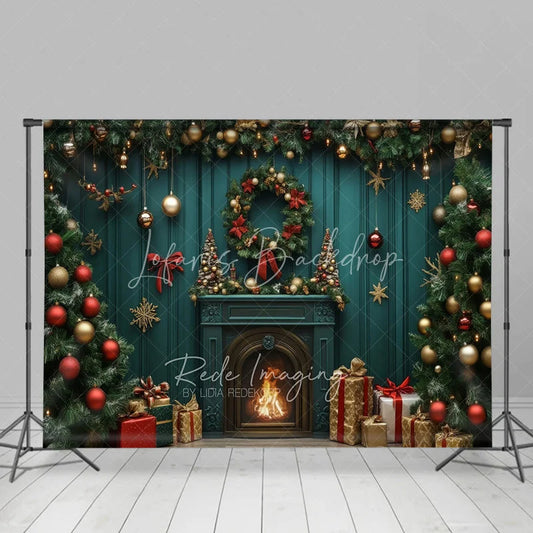 Lofaris Dark Green Wall Christmas Backdrop Fireplace Tree Red Ornament Background Vintage Living Room Holiday Party Decoration