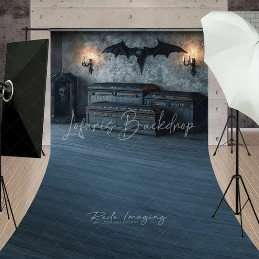 Lofaris Dark Grey Gothic Halloween Sweep Backdrop with Bat Winged Skull and Ornate Chests Elegant Spooky Party Decor