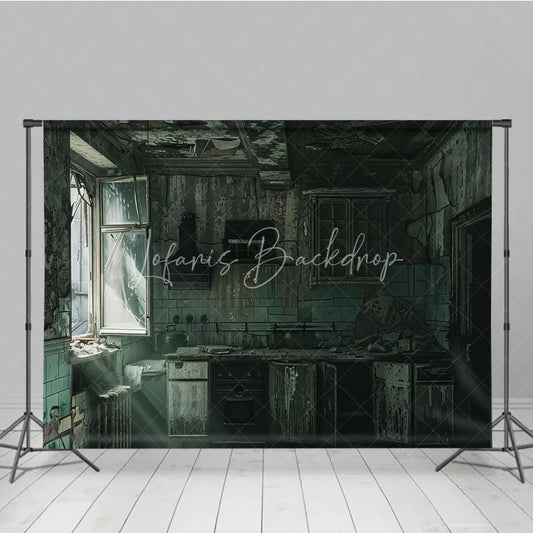 Lofaris Dark Grunge Ruined Kitchen Photography Backdrop with Broken Window and Peeling Paint Urban Decay Industrial Theme