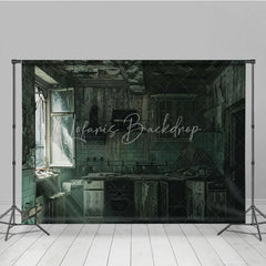 Lofaris Dark Grunge Ruined Kitchen Photography Backdrop with Broken Window and Peeling Paint Urban Decay Industrial Theme