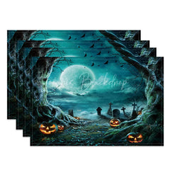 Lofaris Dark Halloween Night Set of 4 Placemats with Moon Bats and Withered Trees for Gothic Spooky Decor