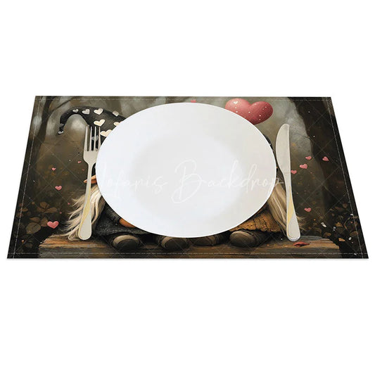 Lofaris Dark Hat Gnome Couple Set of 4 Placemats Forest Heart Valentine Decoration Whimsical Love Dining Table Mat