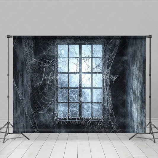 Lofaris Dark Haunted Window with Spiderwebs Holiday Backdrop Eerie Gothic Halloween Party Decor