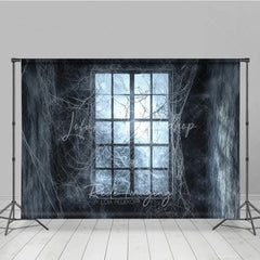 Lofaris Dark Haunted Window with Spiderwebs Holiday Backdrop Eerie Gothic Halloween Party Decor