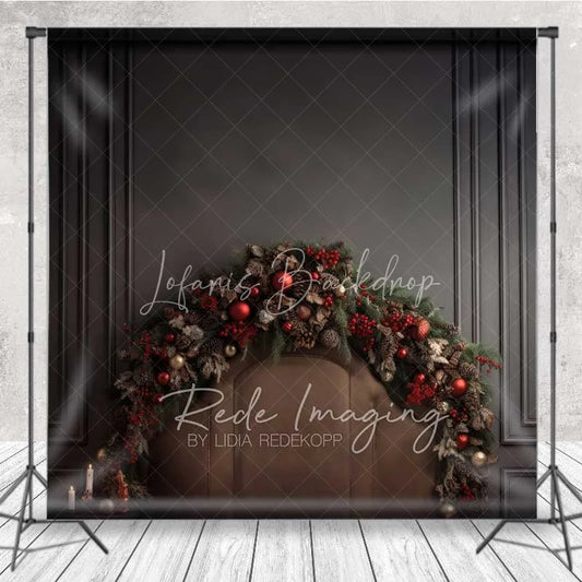 Lofaris Dark Moody Christmas Bed Backdrop Leather Headboard Pine Cone Garland Black Wall Photo Background