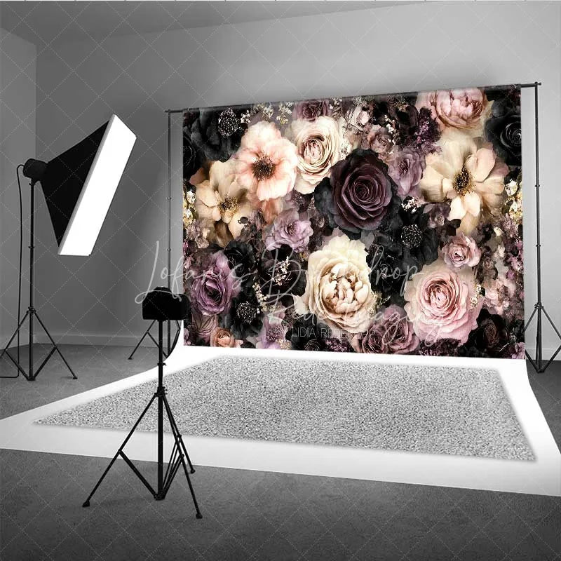 Lofaris Dark Moody Floral Photography Backdrop Black Pink Roses Gold Glitter Background Vintage Gothic Photo Prop