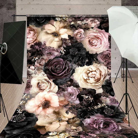 Lofaris Dark Moody Floral Sweep Backdrop Vintage Red Pink Roses Photography Floor Mat Gothic Romantic Party Decoration