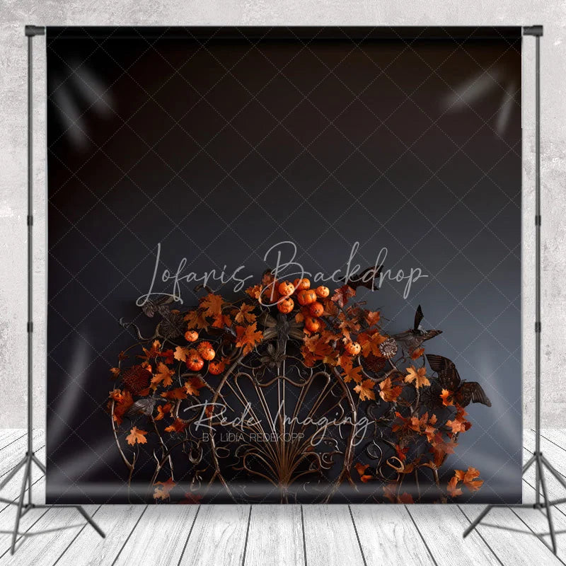 Lofaris Dark Moody Halloween Orange Pumpkin and Autumn Leaves Photography Backdrop Festive Fall Season Decor