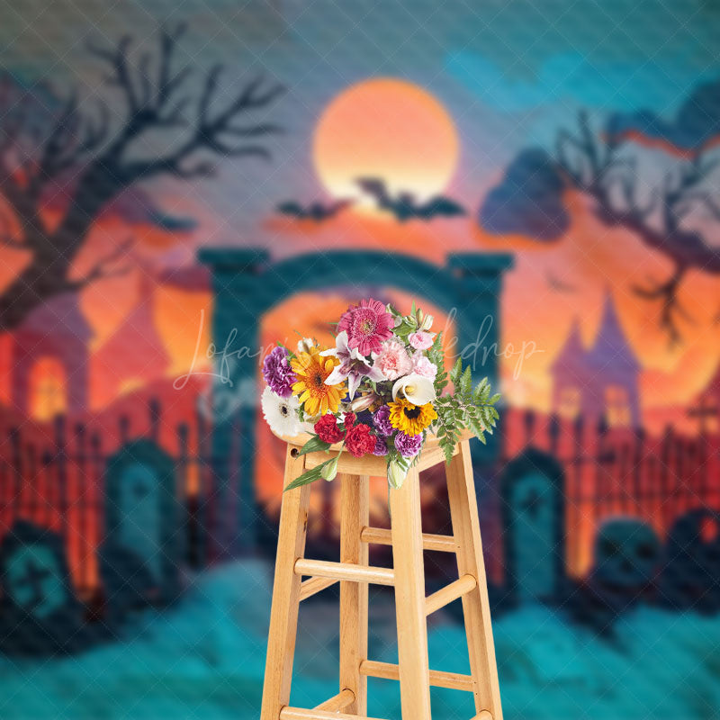Lofaris Dark Moon Night Cemetery Foggy Halloween Backdrop