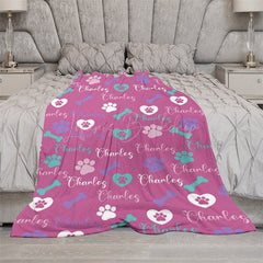Lofaris Dark Pink Paw Print Bone Custom Pet Name Blanket