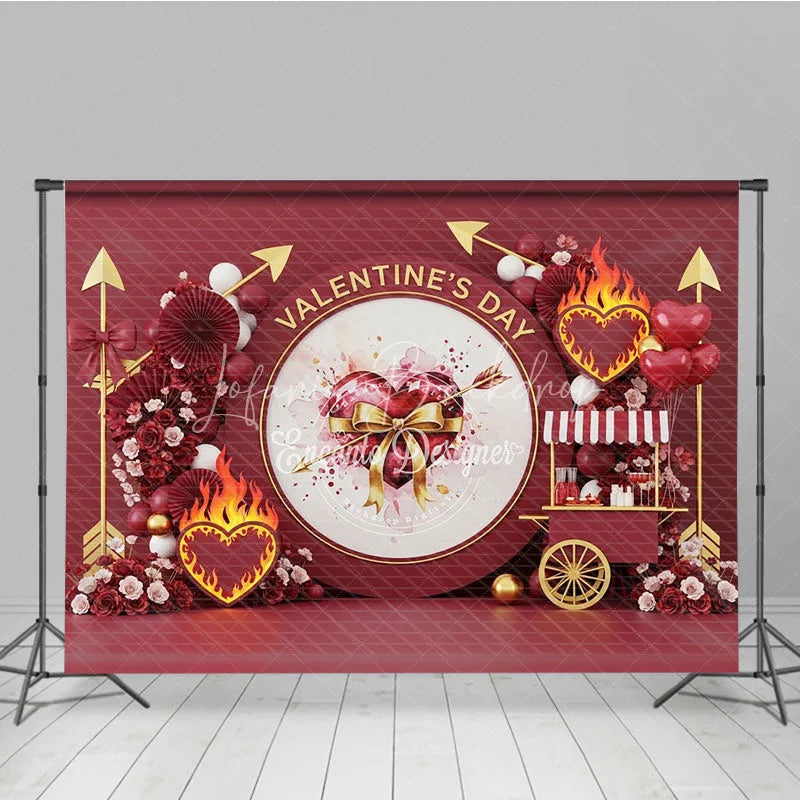 Lofaris Dark Red Valentine Day Backdrop Cupid Arrow Flaming Heart Flower Cart Background Passionate Photography Prop