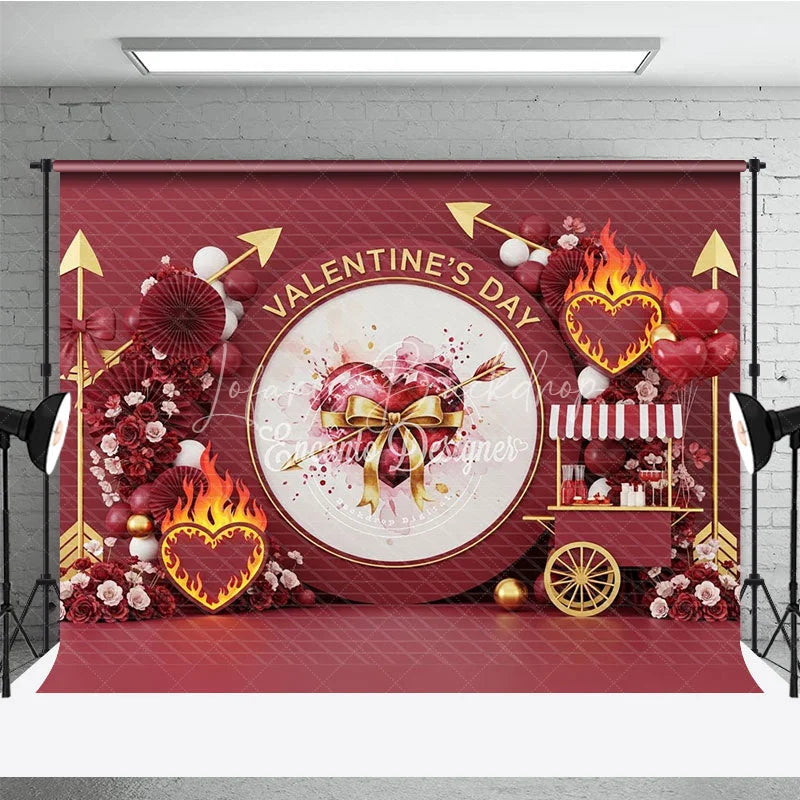 Lofaris Dark Red Valentine Day Backdrop Cupid Arrow Flaming Heart Flower Cart Background Passionate Photography Prop