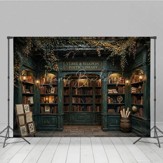 Lofaris Dark Teal Vintage Library Bookshelf Photography Backdrop with Old Books and Lanterns Scholarly Reading Room Decor